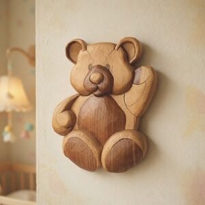Handmade Wood Bear Wall Hanging Rustic Cabin Nursery Decor 3D Intarsia Art